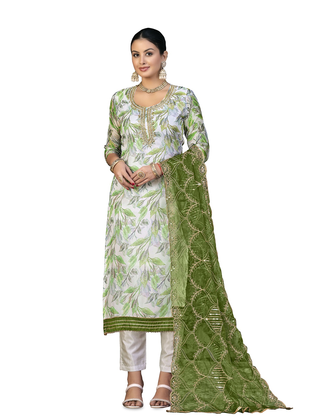 

Maroosh Floral Printed Sequinned Organza Unstitched Dress Material, White