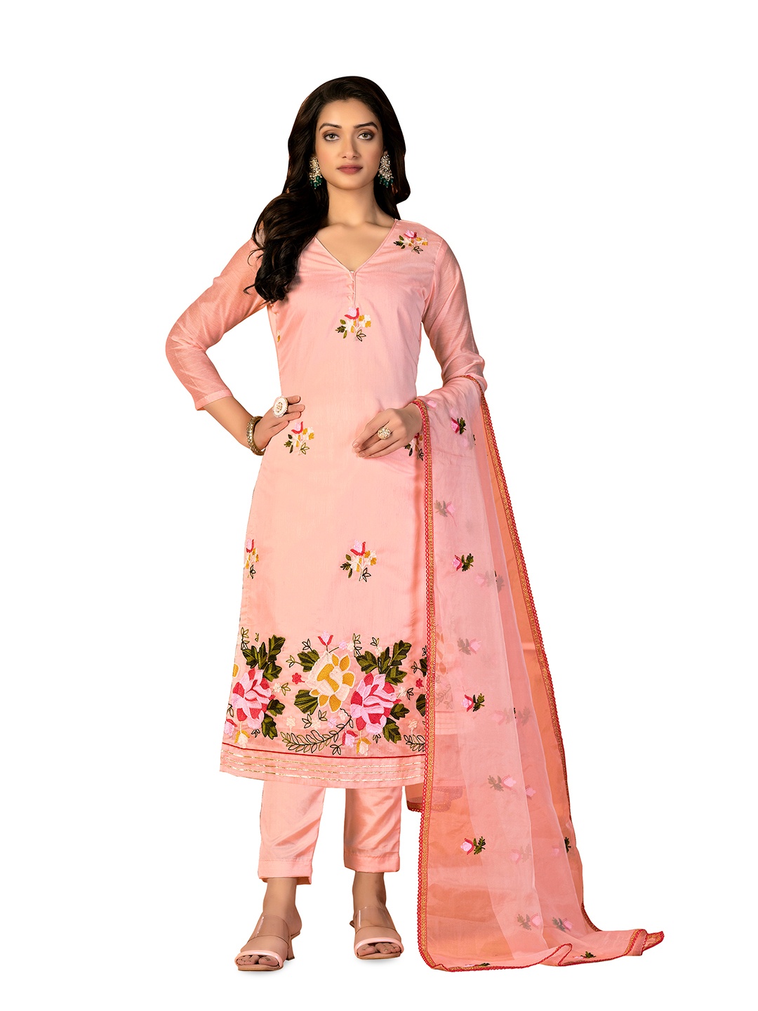 

Maroosh Floral Embroidered Unstitched Dress Material, Peach