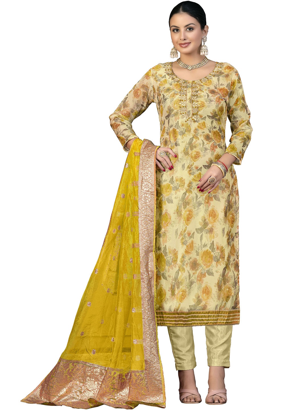

Maroosh Floral Printed Beads and Stones Organza Unstitched Dress Material, Yellow