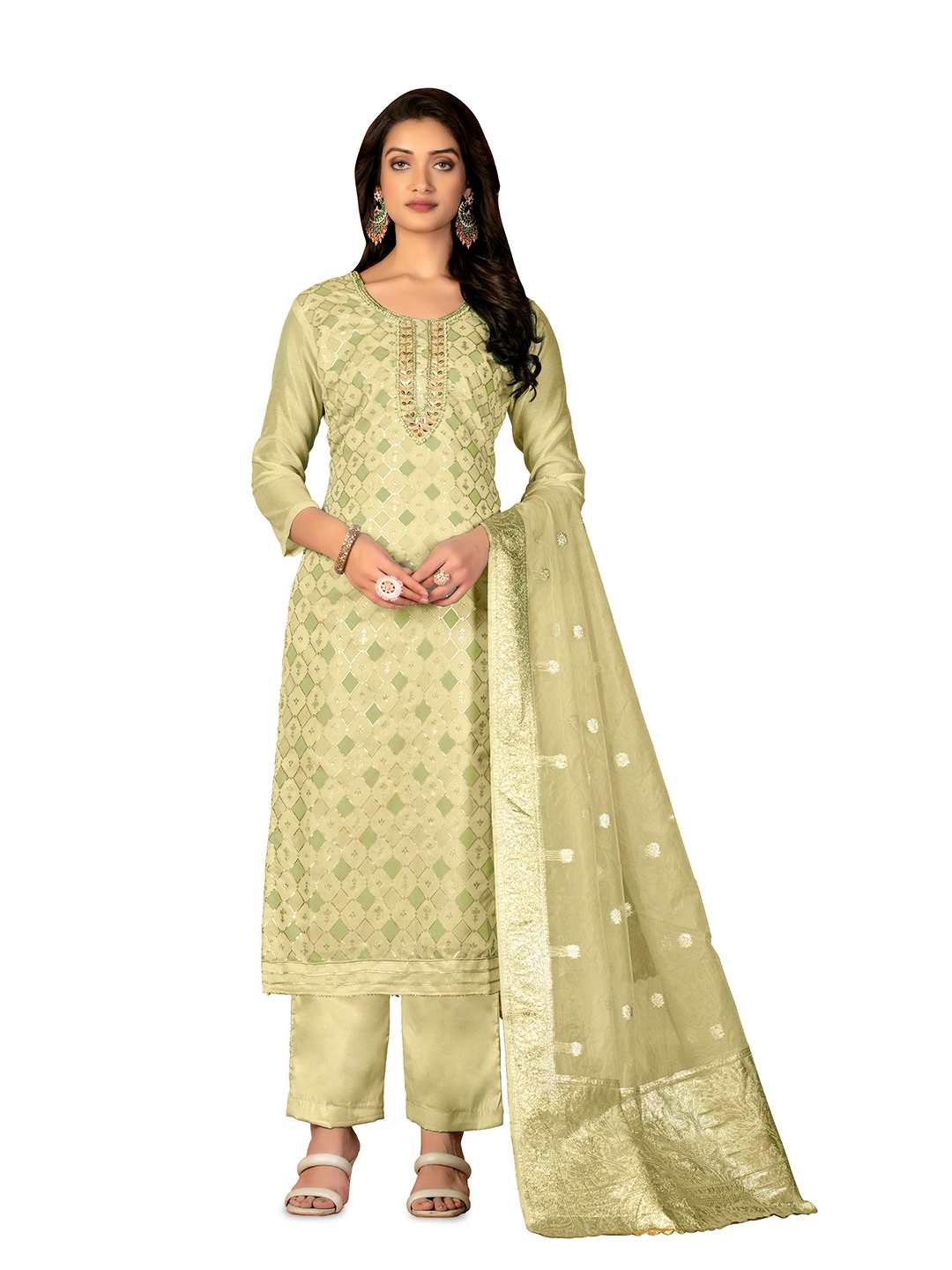 

Maroosh Ethnic Motifs Printed Sequinned Unstitched Dress Material, Yellow
