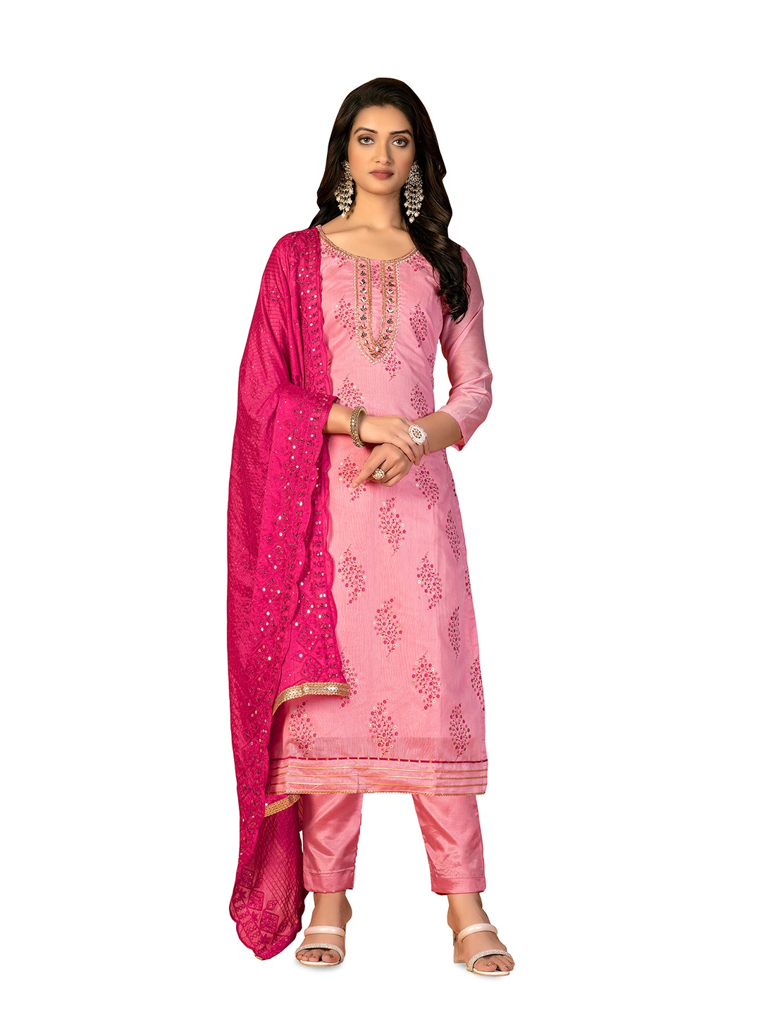 

Maroosh Ethnic Motifs Printed Sequinned Unstitched Dress Material, Pink