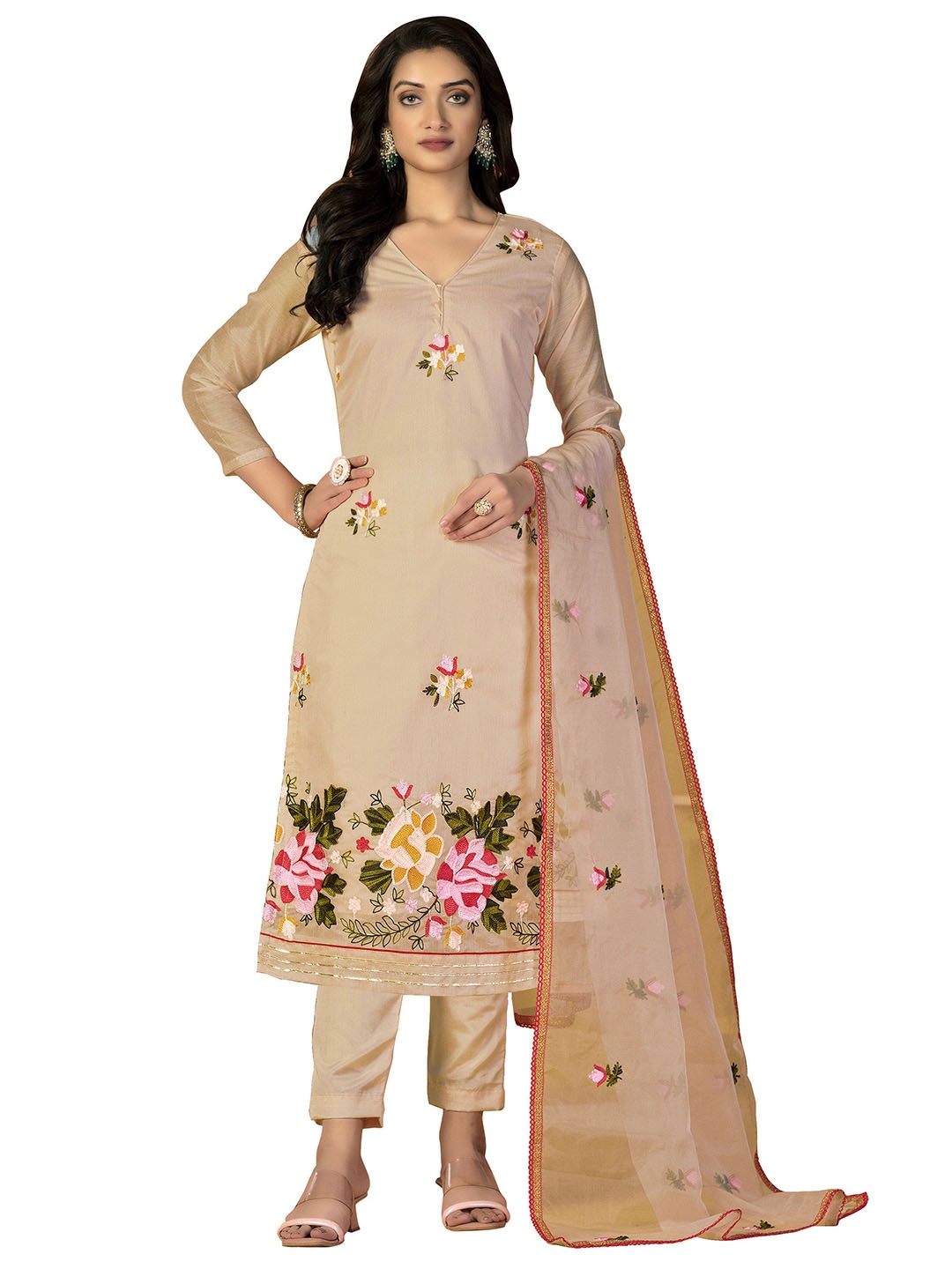 

Maroosh Floral Embroidered Unstitched Dress Material, Beige