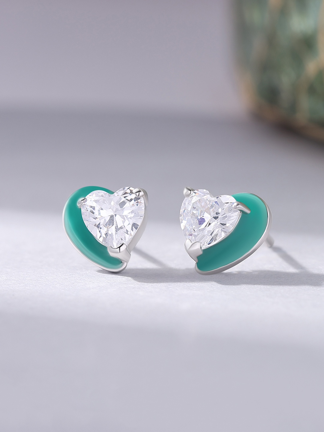 

Ornate Jewels 925 Sterling Silver Rhodium-Plated Heart Shaped American Diamond Studs, Green