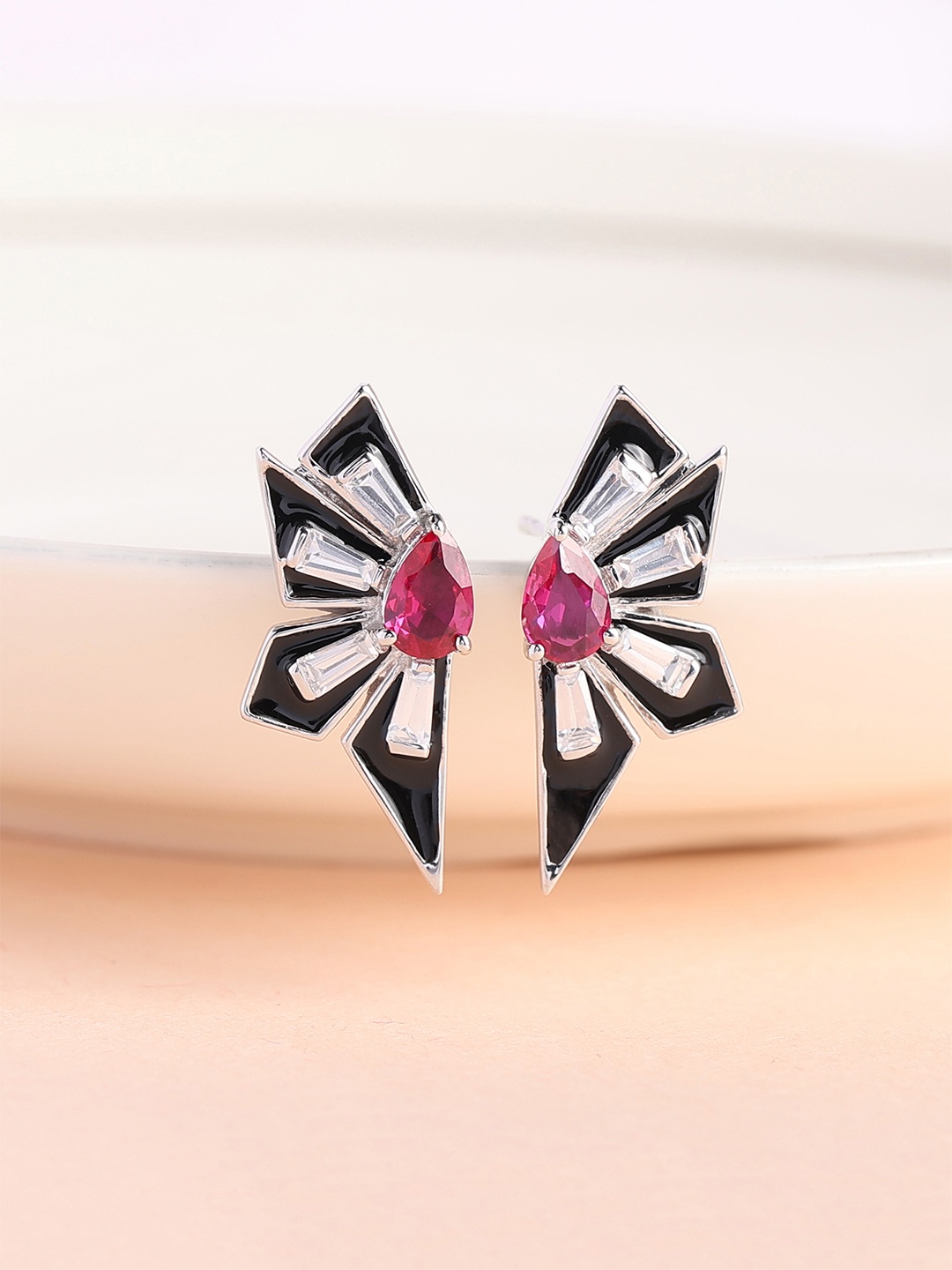 

Ornate Jewels 925 Sterling Silver Rhodium-Plated Floral American Diamond Studs, Pink