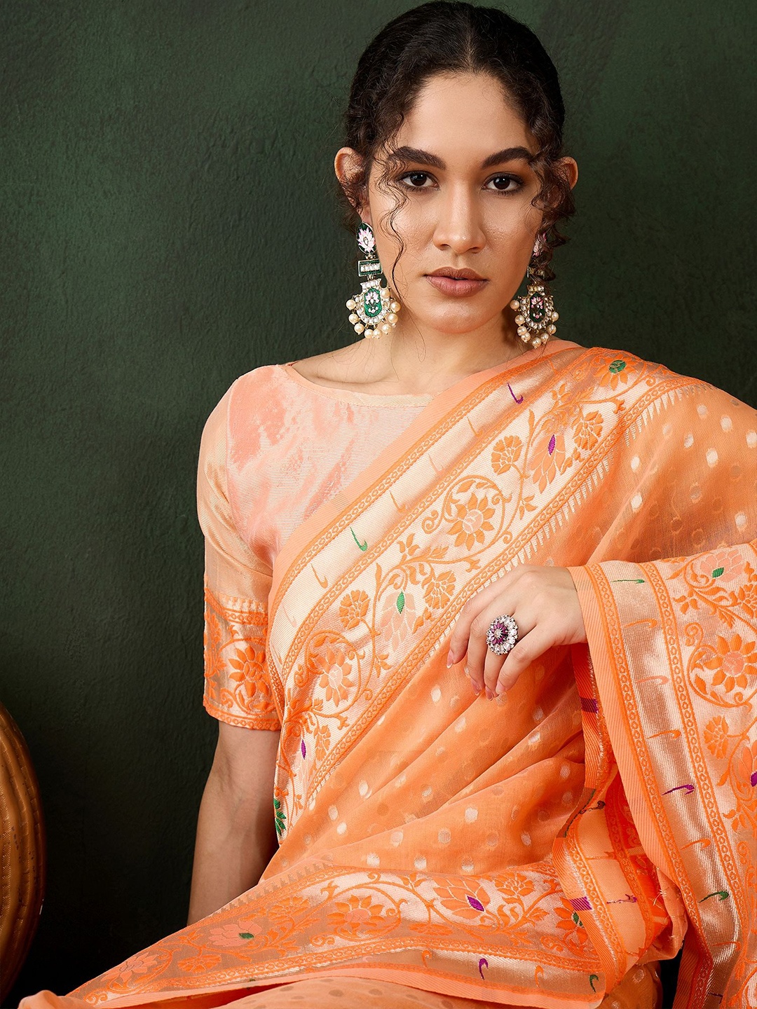 

VIRICA Fashionable Poly cotton Jacquard Work Traditional Saree, Orange