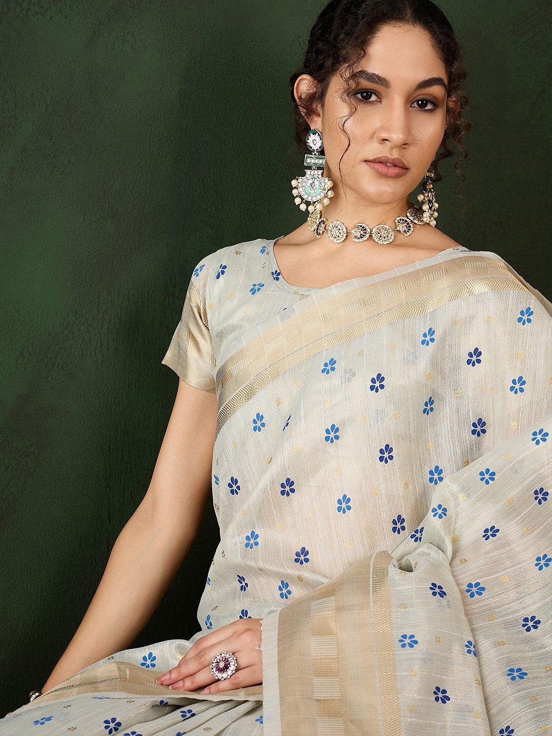 

VIRICA Woven Design Zari Organza Saree, Blue