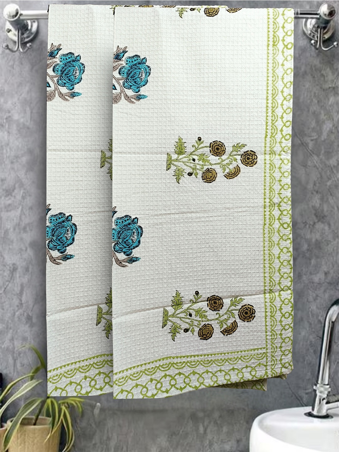 

LIVING ROOTS Blue 2 Pcs Block Printed 400 GSM Waffle Cotton Soft & Absorbent Bath Towels