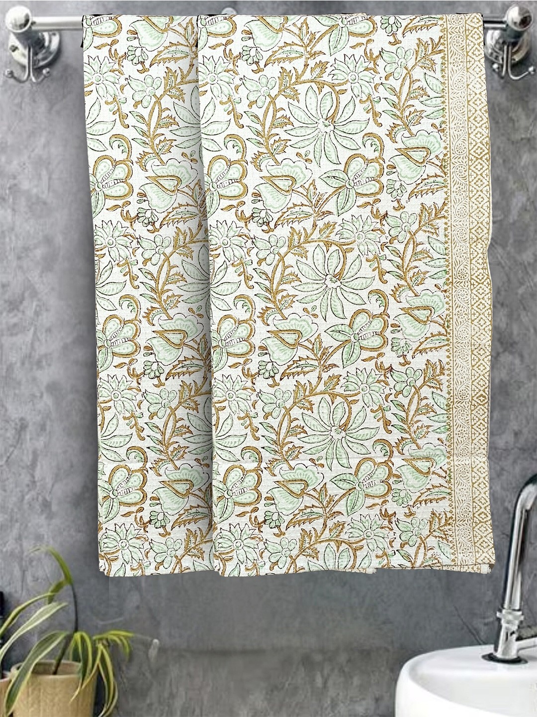 

LIVING ROOTS Green 2 Pcs Block Printed 400 GSM Waffle Cotton Soft & Absorbent Bath Towels