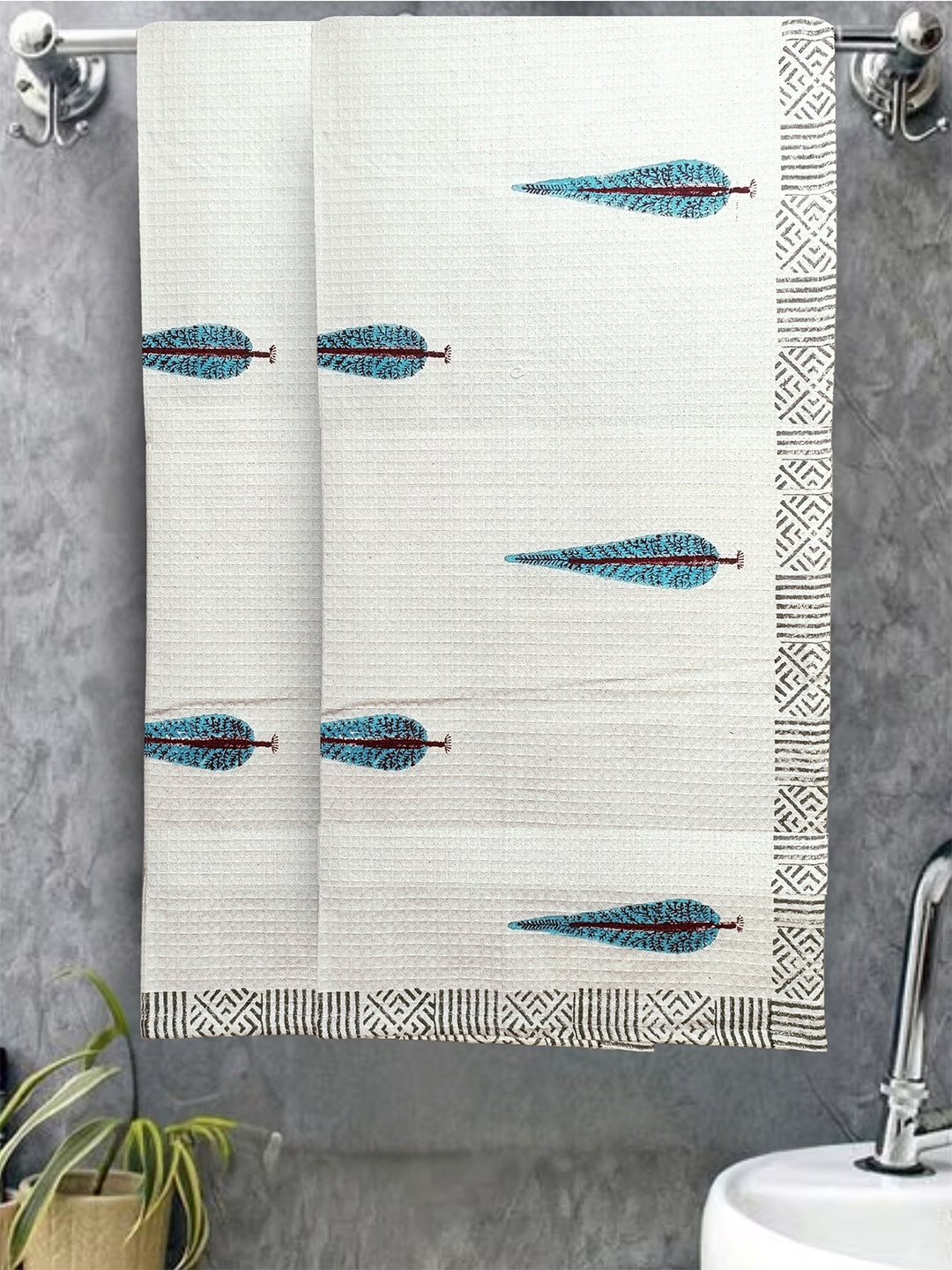 

LIVING ROOTS Blue 2 Pcs Block Printed 400 GSM Waffle Cotton Soft & Absorbent Bath Towels
