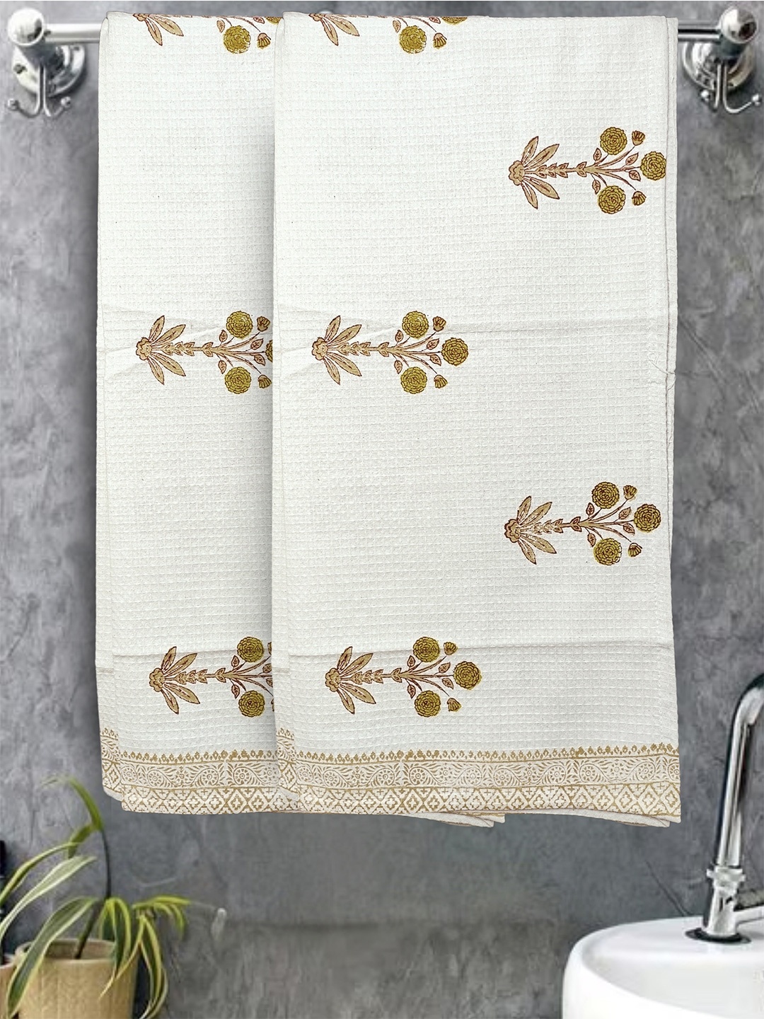 

LIVING ROOTS Yellow 2 Pcs Block Printed 400 GSM Waffle Cotton Soft & Absorbent Bath Towels