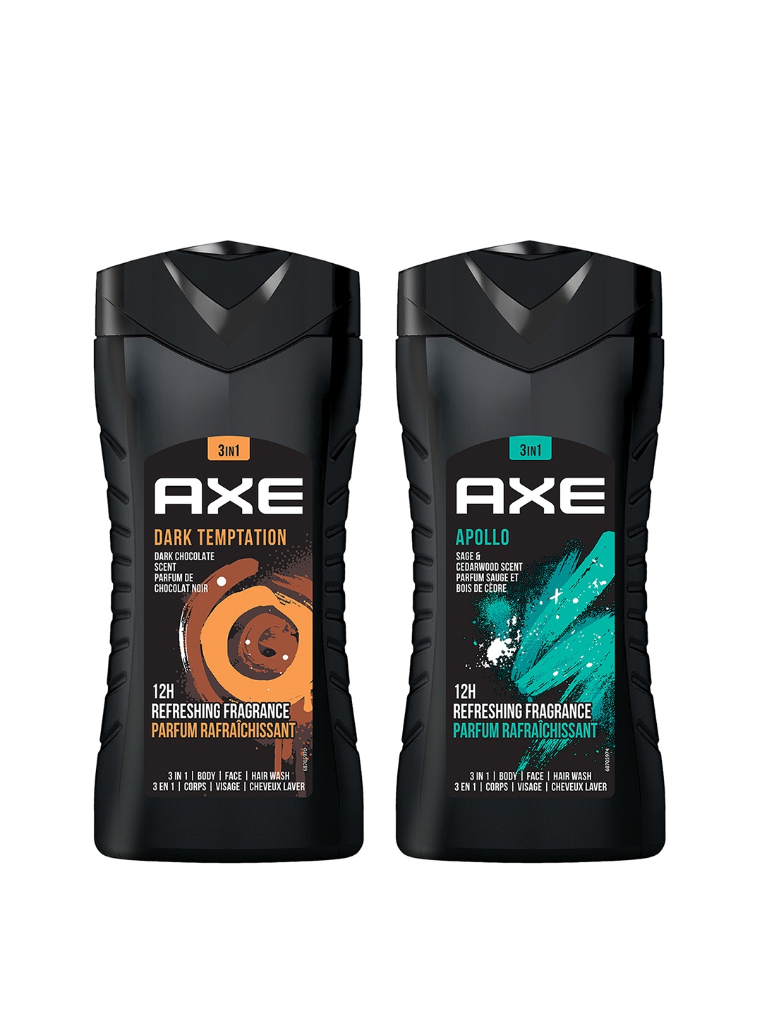 

AXE Men 2Pcs 3-In-1 Face, Hair & Body Wash 250ml each - Apollo & Dark Temptation, Black