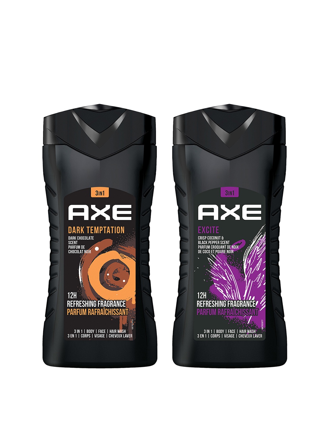 

AXE Men 2Pcs 3-In-1 Face, Hair & Body Wash 250ml each - Excite & Dark Temptation, Black