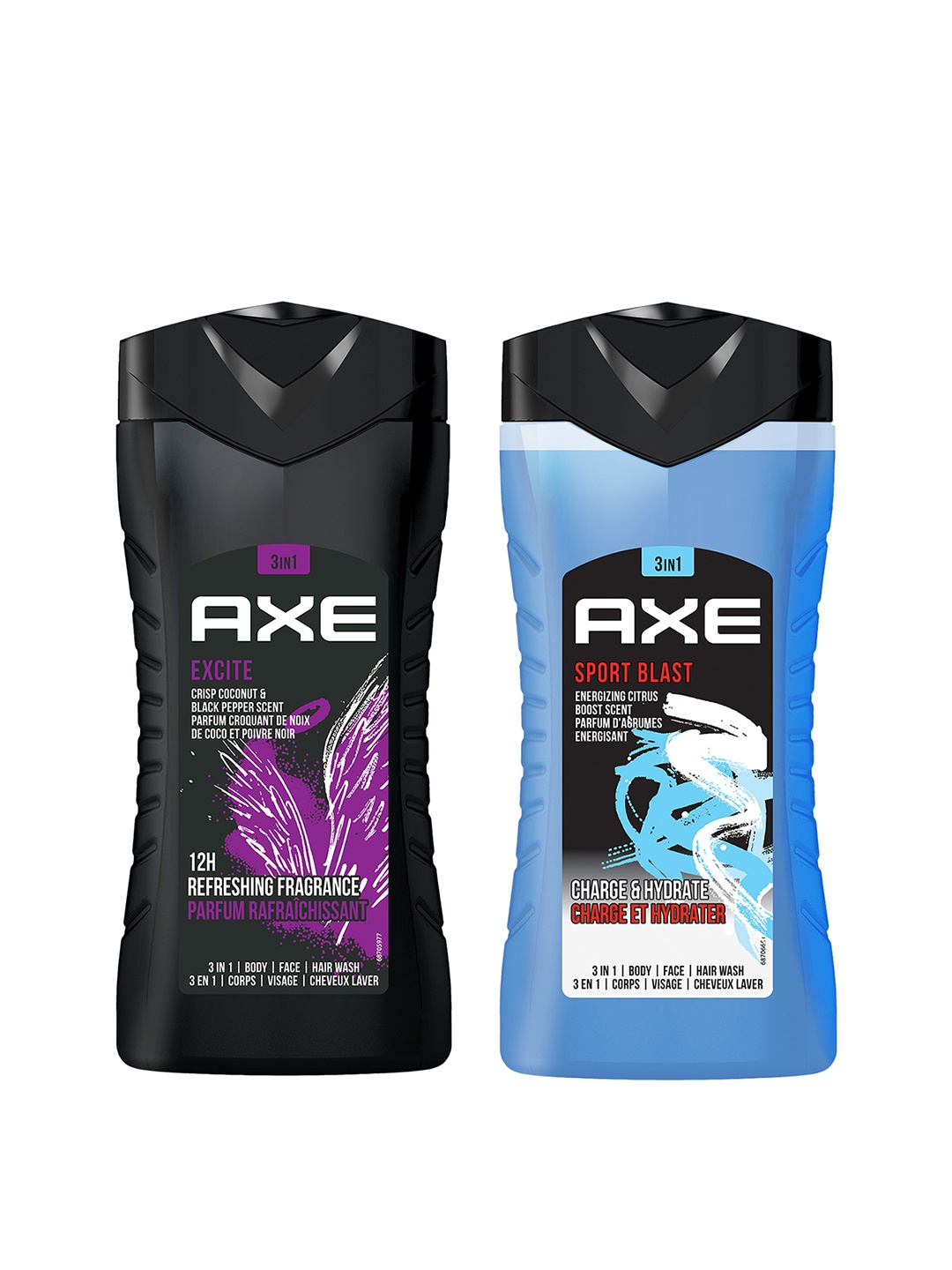 

AXE Men 2Pcs 3-In-1 Face, Hair & Body Wash 250ml each - Excite & Sport Blast, Black