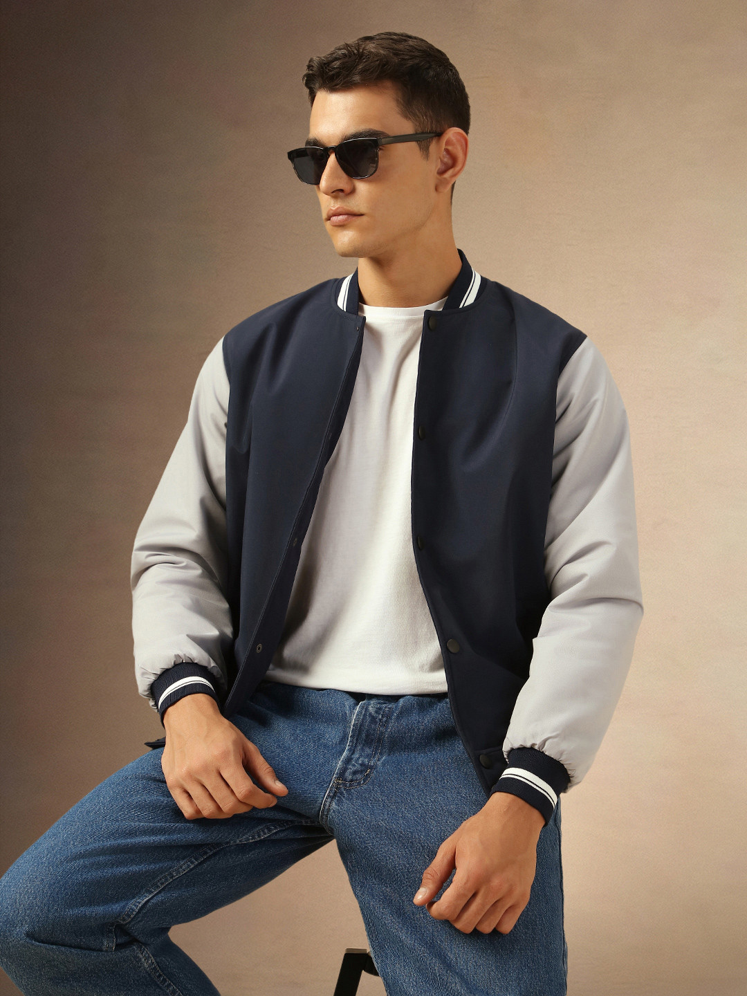 

Dennis Lingo Men Stand Collar Colourblocked Casual Bomber Jacket, Navy blue