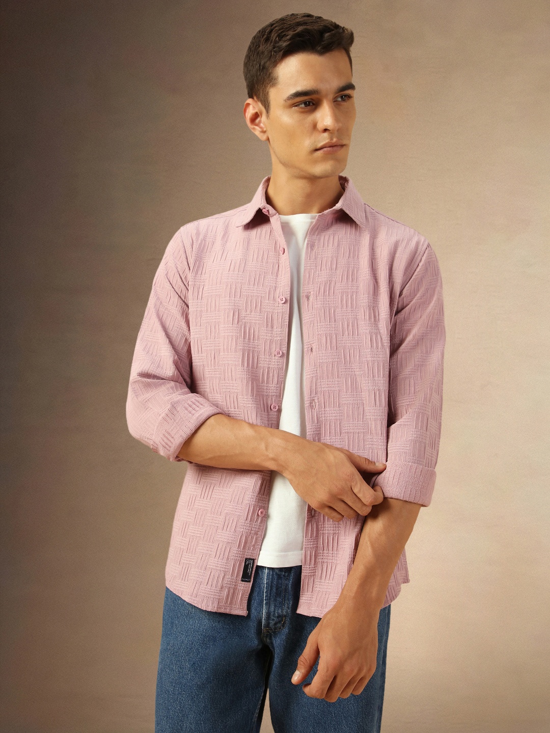 

Dennis Lingo Men Comfort Spread Collar Solid Cotton Casual Shirt, Pink