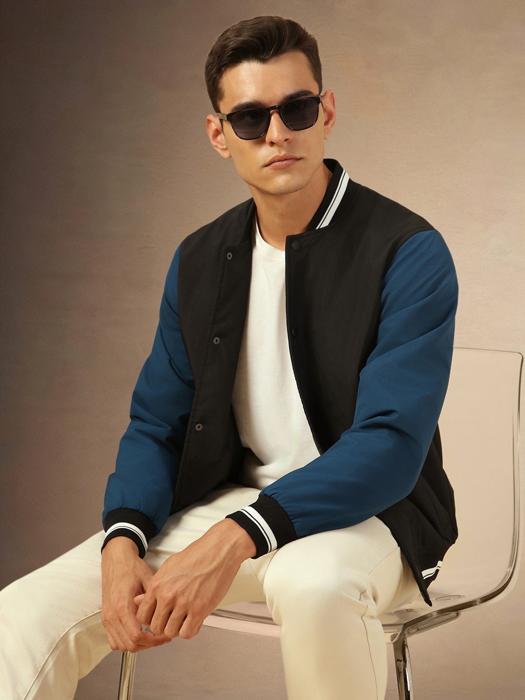 

Dennis Lingo Men Stand Collar Colourblocked Casual Bomber Jacket, Black