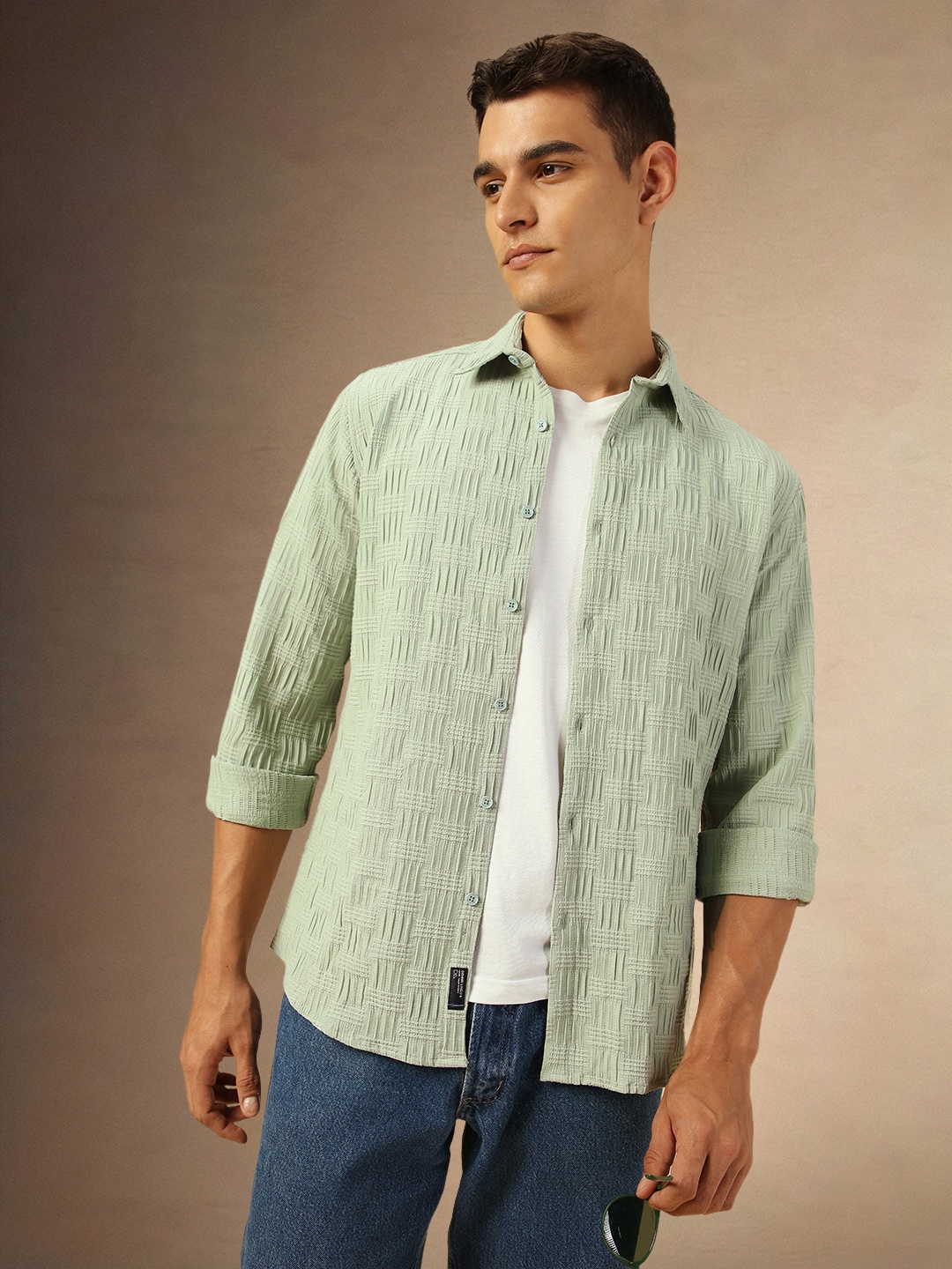 

Dennis Lingo Men Comfort Spread Collar Textured Cotton Casual Shirt, Green
