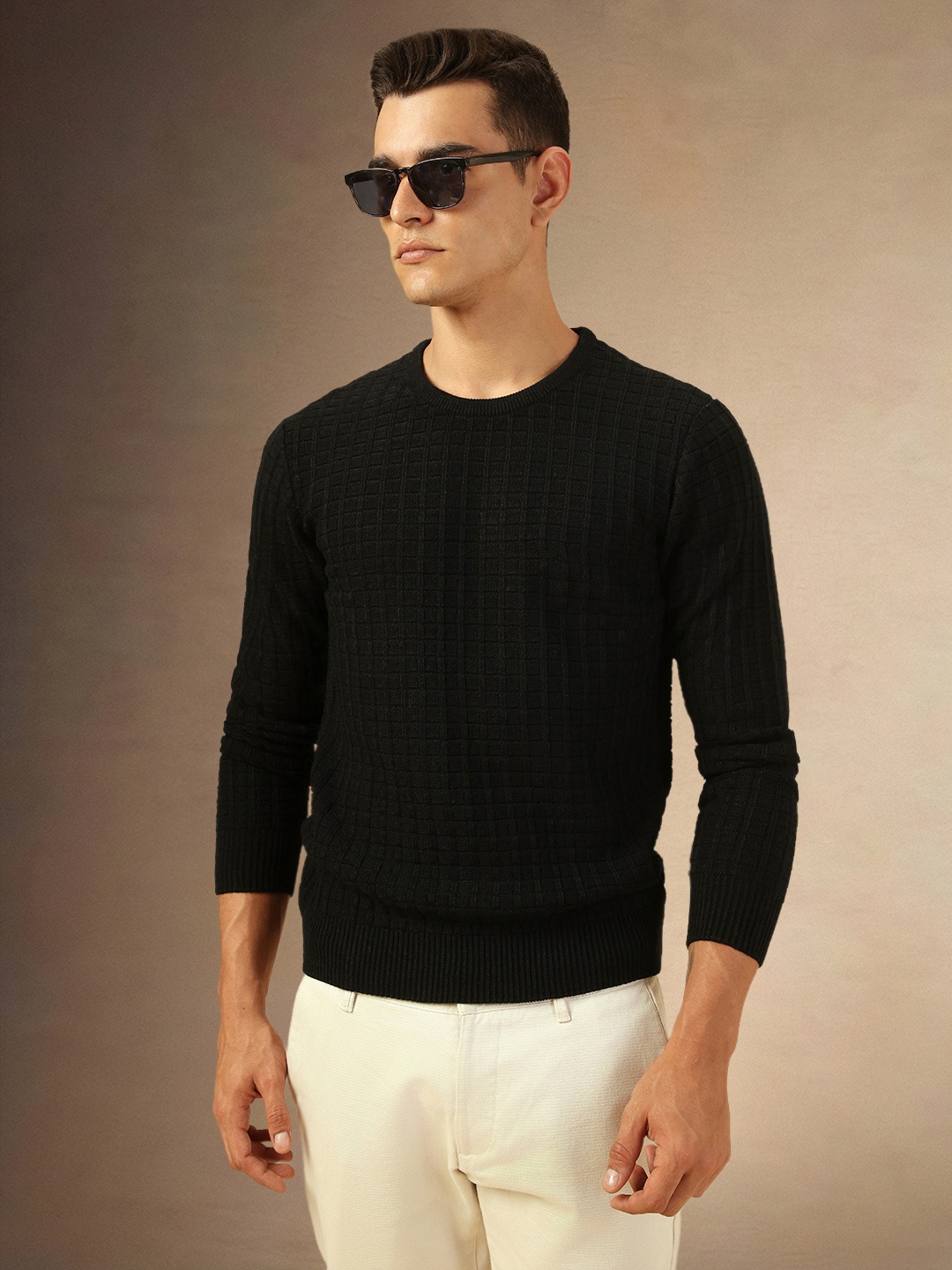 

Dennis Lingo Men Acrylic Solid Full Sleeves Crew Neck Pullover Sweater, Black