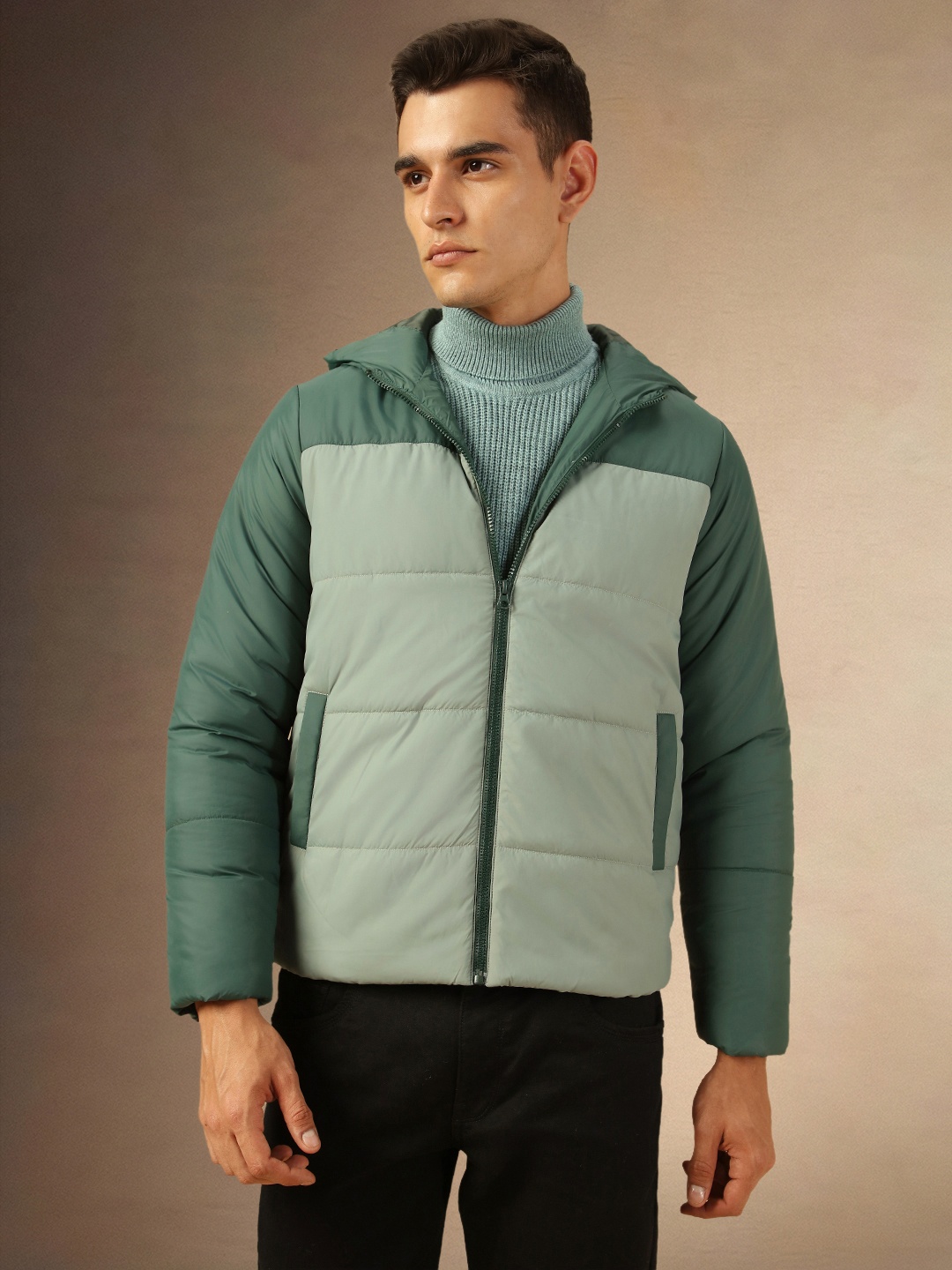 

Dennis Lingo Men Hooded Colourblocked Casual Padded Jacket, Green