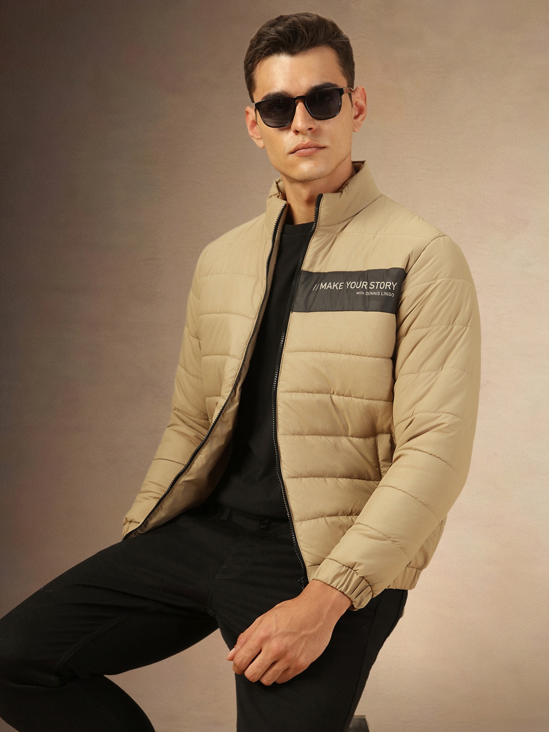 

Dennis Lingo Men Mock Collar Typography Printed Casual Padded Jacket, Khaki