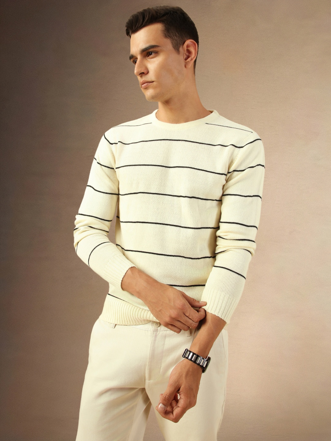 

Dennis Lingo Men Round Neck Striped Pullover, Off white