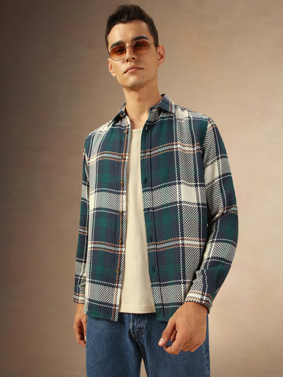 

Dennis Lingo Men Spread Collar Flannel Checked Cotton Relaxed Fit Shacket, Green