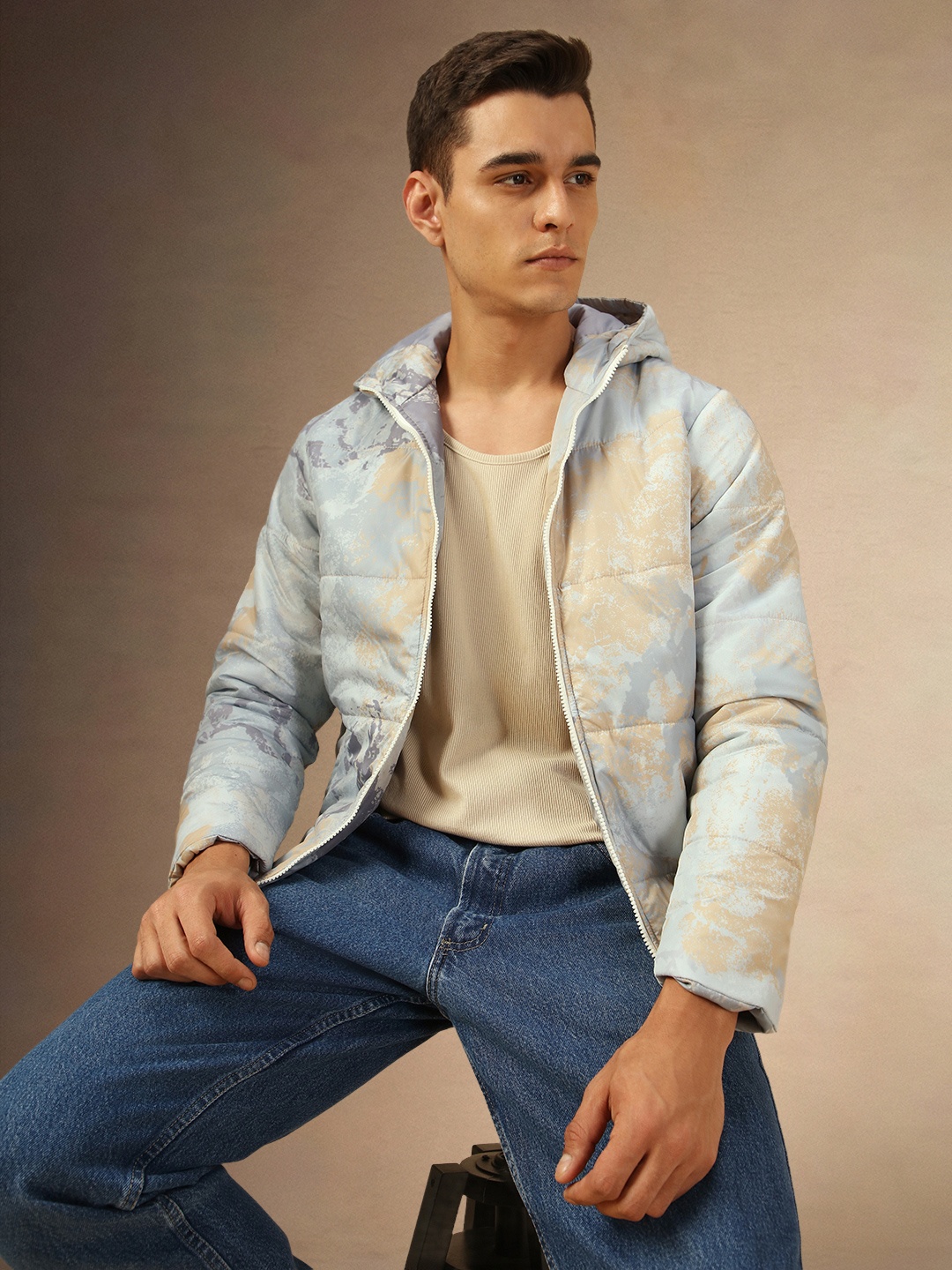 

Dennis Lingo Men Hooded Abstract Printed Casual Padded Jacket, Blue