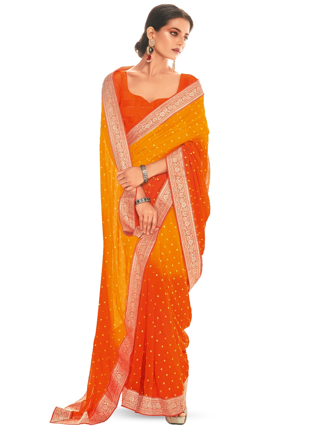 

CHUDIYA Polka Dot Zari Pure Georgette Saree, Orange