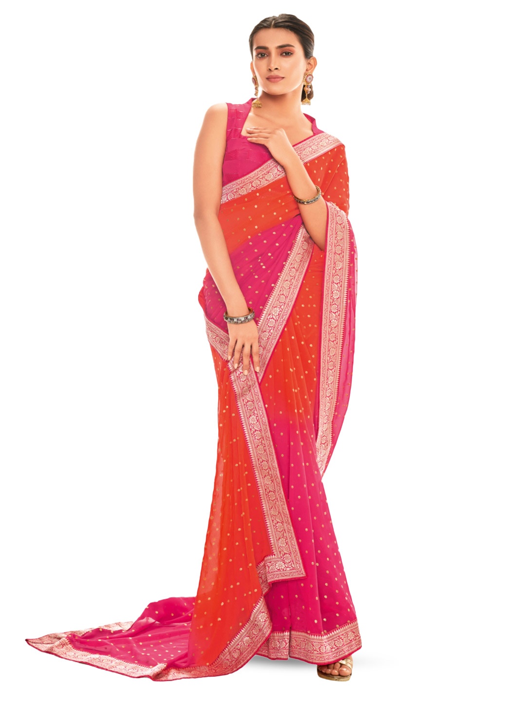 

CHUDIYA Polka Dot Printed Zari Pure Georgette Saree, Pink