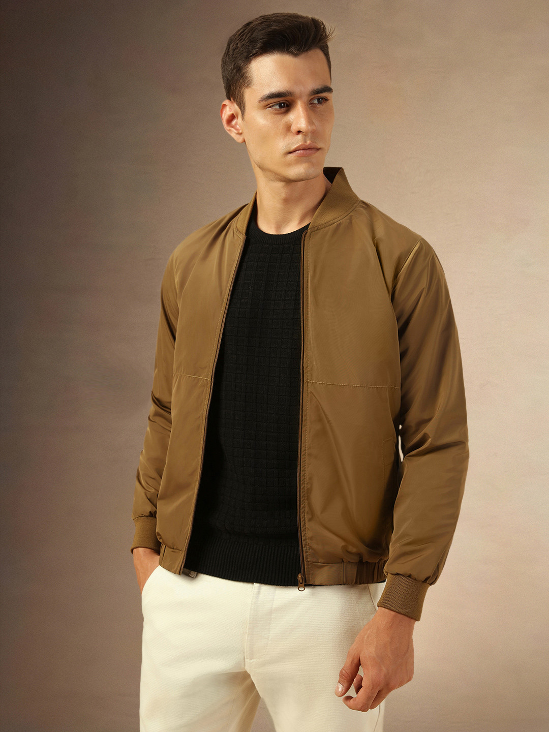 

Dennis Lingo Men Stand Collar Solid Casual Bomber Jacket, Brown