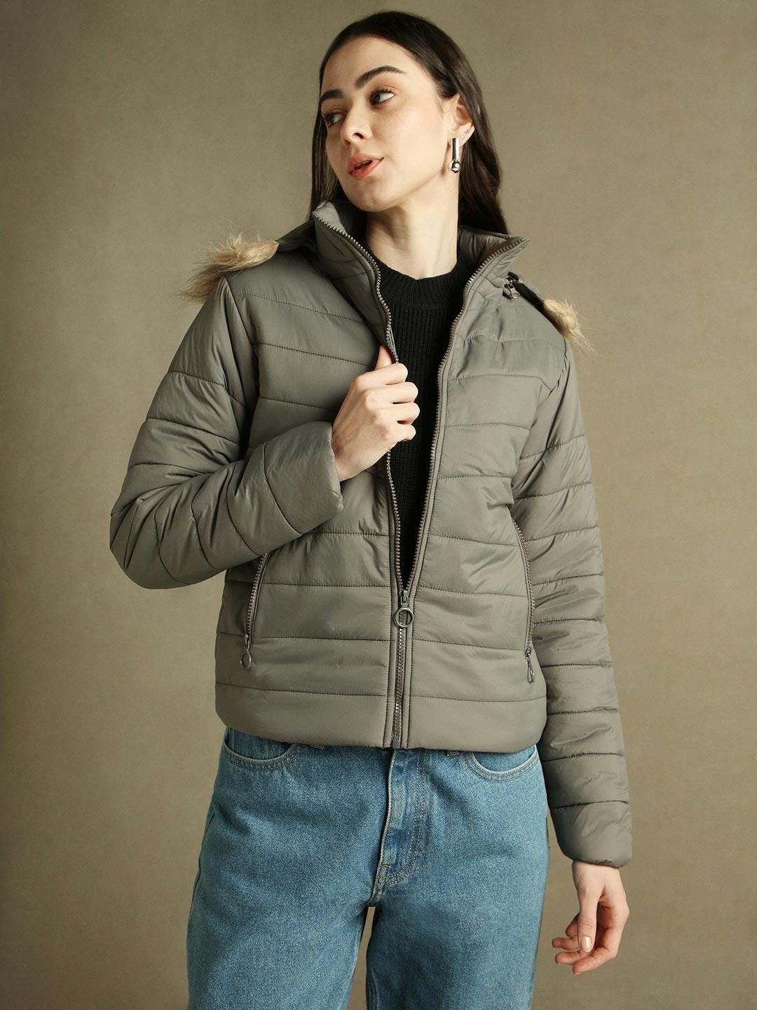 

DL Woman Women Mock Collar Solid Casual Parka Jacket, Grey