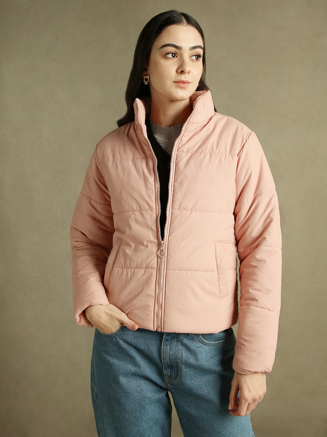 

DL Woman Women Mock Collar Solid Casual Padded Jacket, Peach