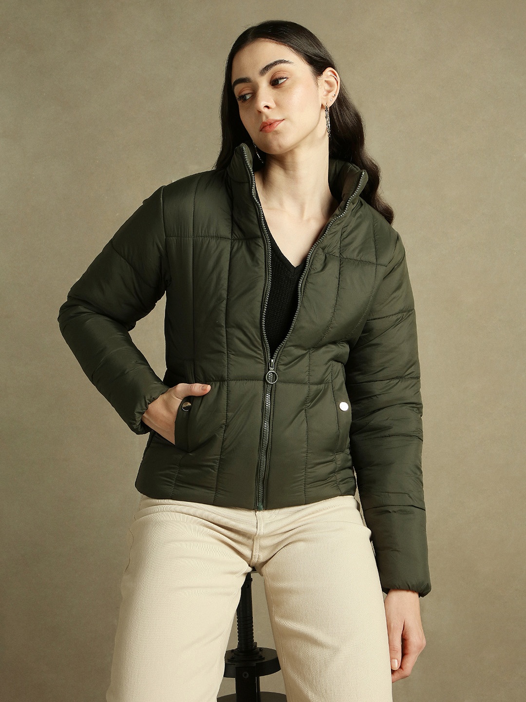 

DL Woman Women Mock Collar Solid Casual Padded Jacket, Olive