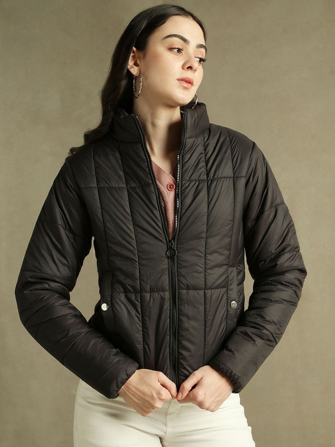

DL Woman Women Mock Collar Solid Casual Padded Jacket, Black