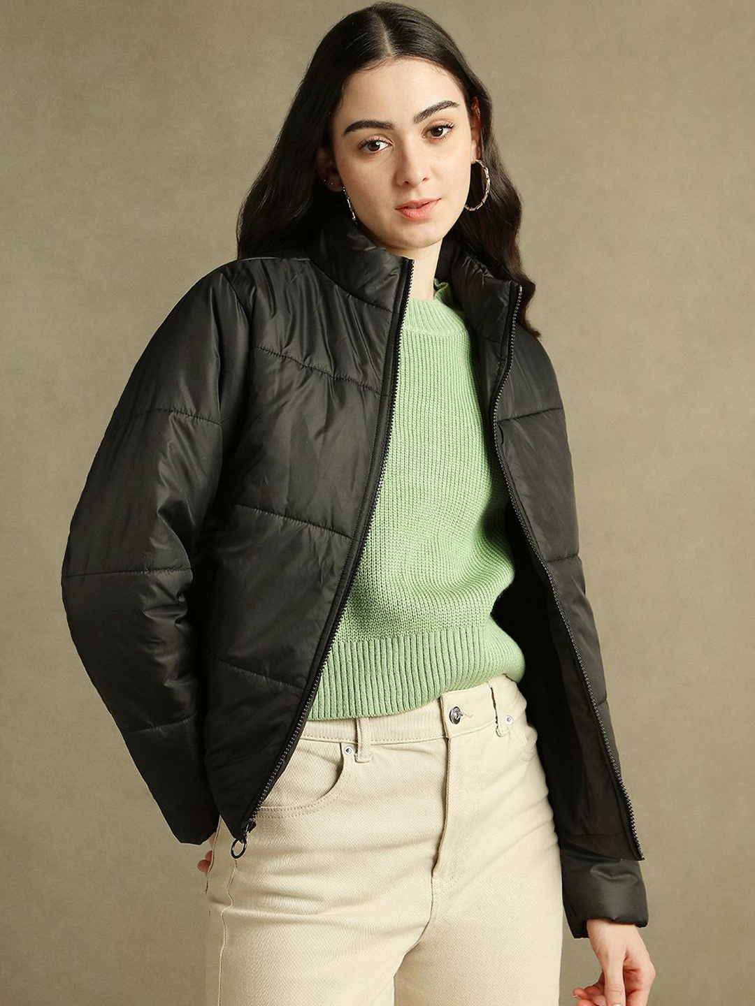 

DL Woman Women Mock Collar Solid Casual Padded Jacket, Black