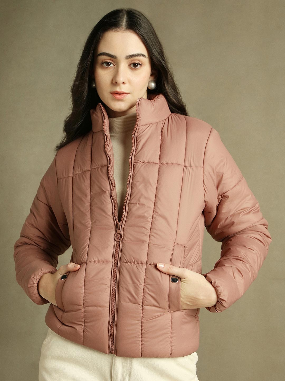 

DL Woman Women Mock Collar Solid Casual Padded Jacket, Nude
