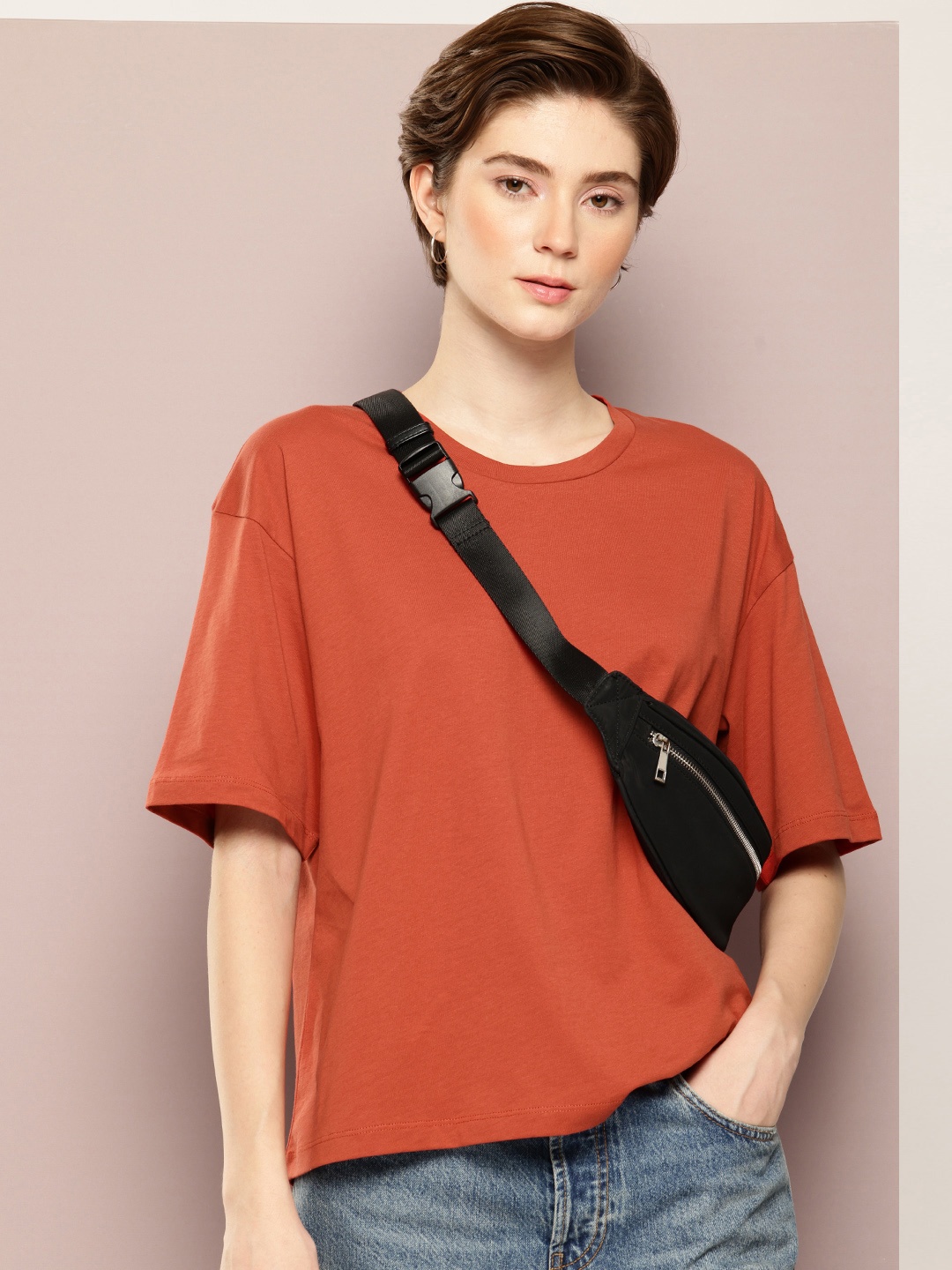 

Kook N Keech Drop-Shoulder Sleeves Oversized Pure Cotton T-shirt, Rust