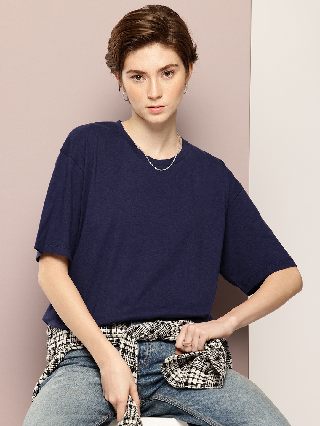 

Kook N Keech Drop-Shoulder Sleeves Oversized Pure Cotton T-shirt, Navy blue