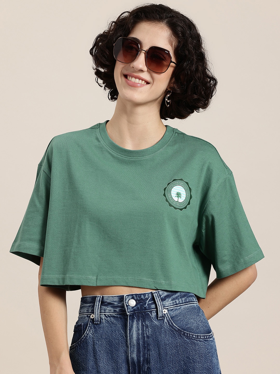 

HERE&NOW Varsity Wander Women Drop-Shoulder Sleeves Pure Cotton T-shirt, Green