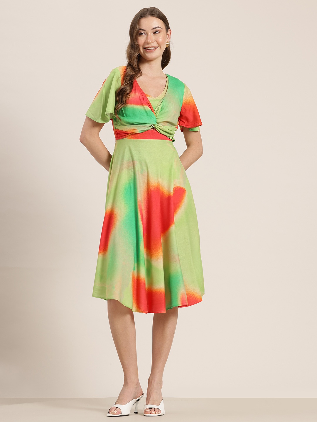 

HERE&NOW Dyed Twisted Fit & Flare Midi Dress, Green