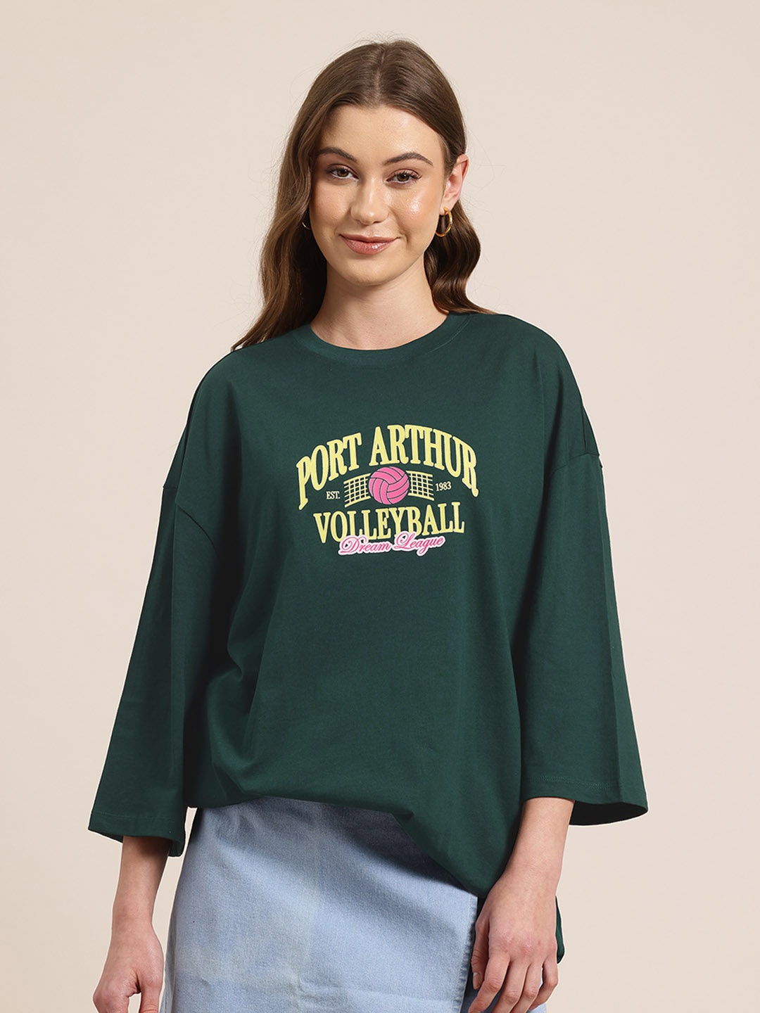 

HERE&NOW Varsity Wander Printed Drop-Shoulder Sleeves Pure Cotton Oversized T-shirt, Green