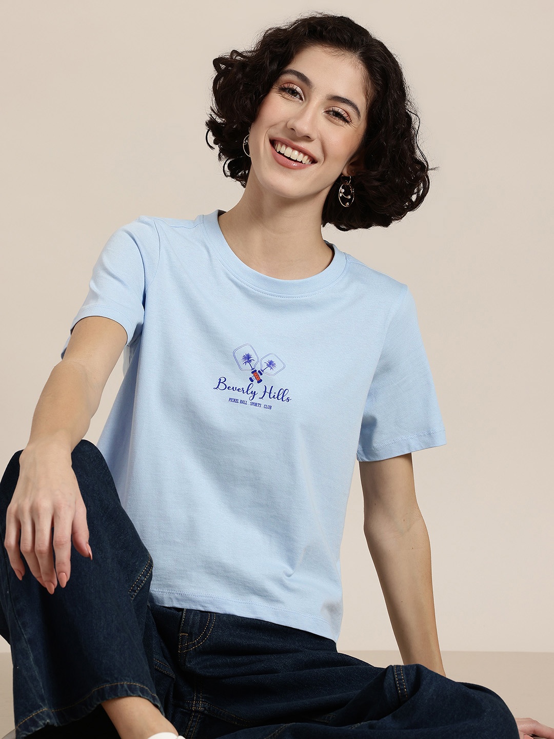 

HERE&NOW Varsity Wander Typography Print Indigo Pure Cotton T-shirt, Blue