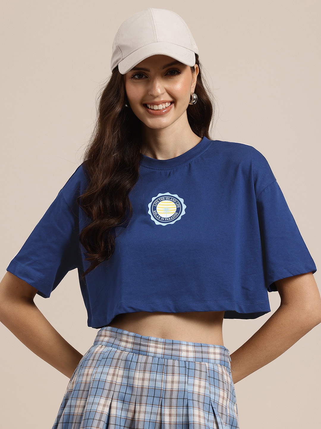 

HERE&NOW Varsity Wander Drop-Shoulder Sleeves Pure Cotton Cropped Boxy T-shirt, Blue