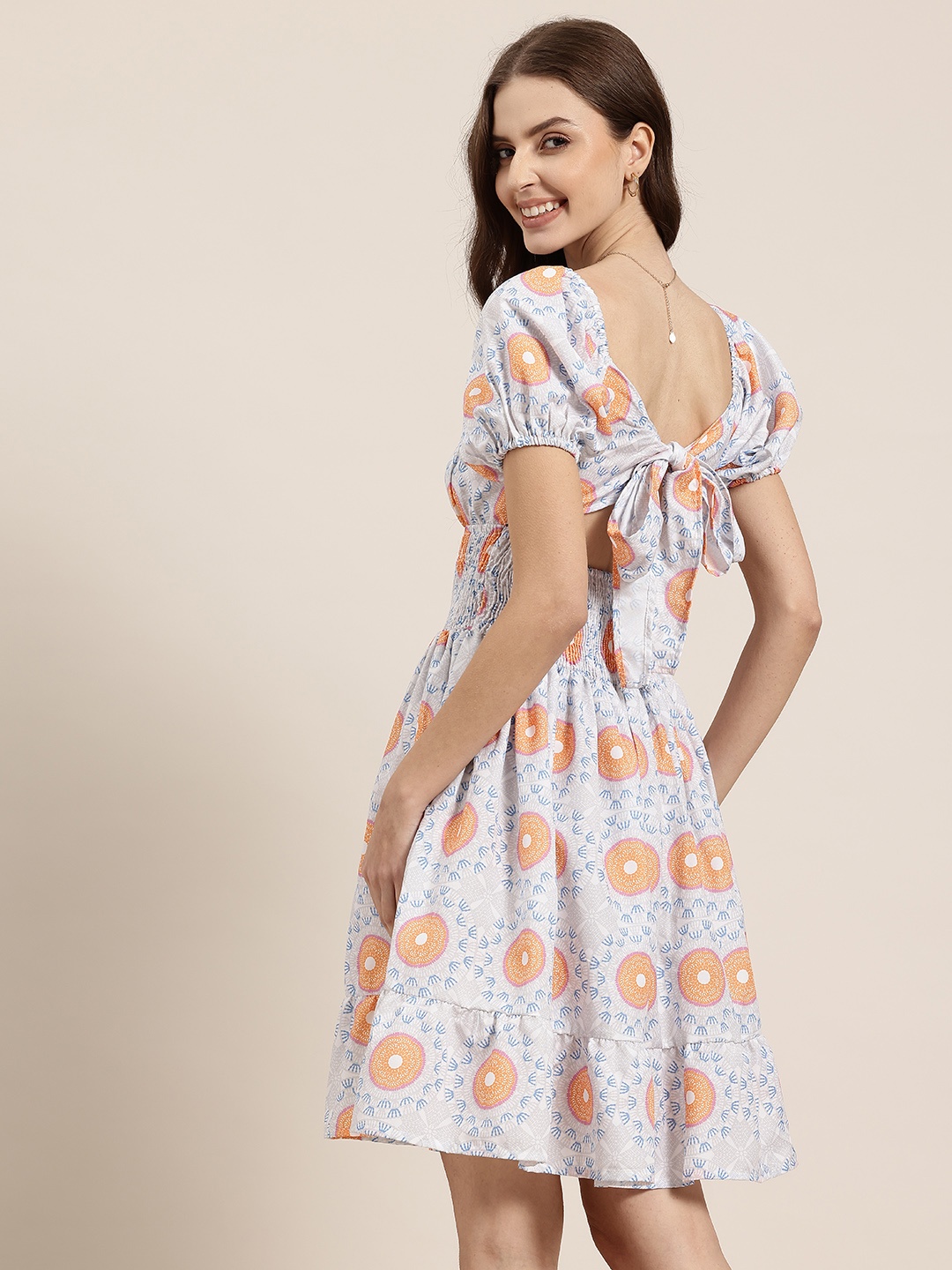 

HERE&NOW Ethnic Motifs Print Smocked Cut-Out Back Fit & Flare Dress, Blue