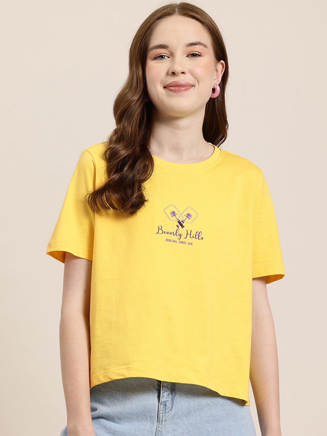 

HERE&NOW Varsity Wander Typography Printed Pure Cotton T-shirt, Yellow