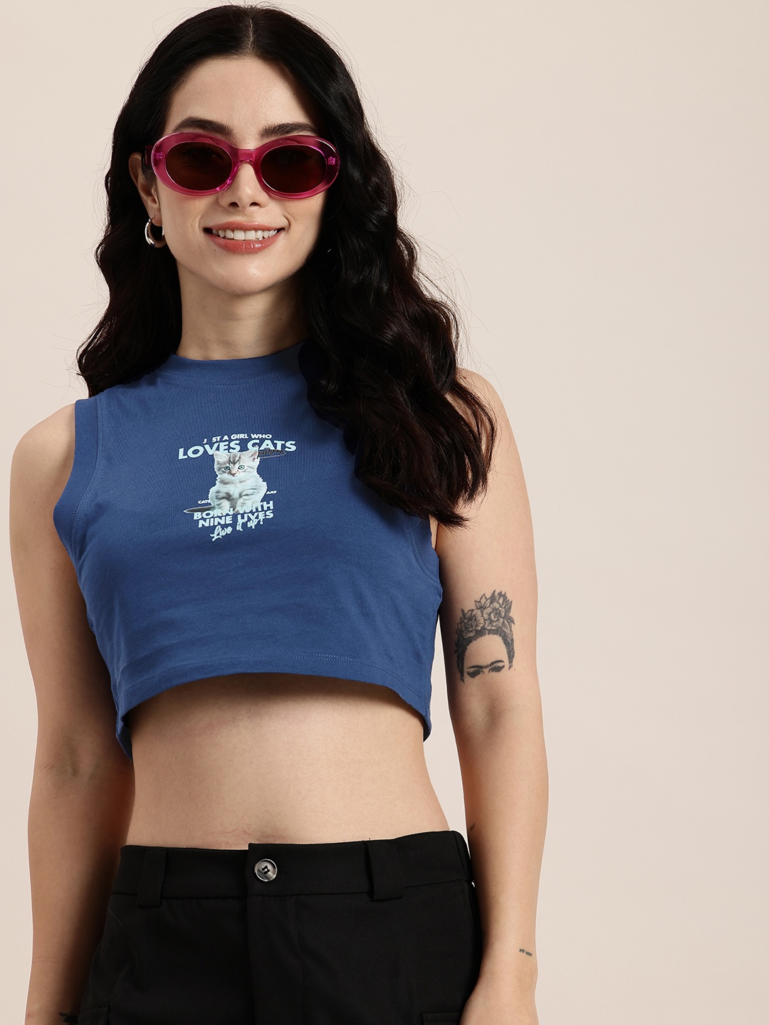 

HERE&NOW Curious Cat Printed Pure Cotton Slim Fit Crop T-shirt, Blue