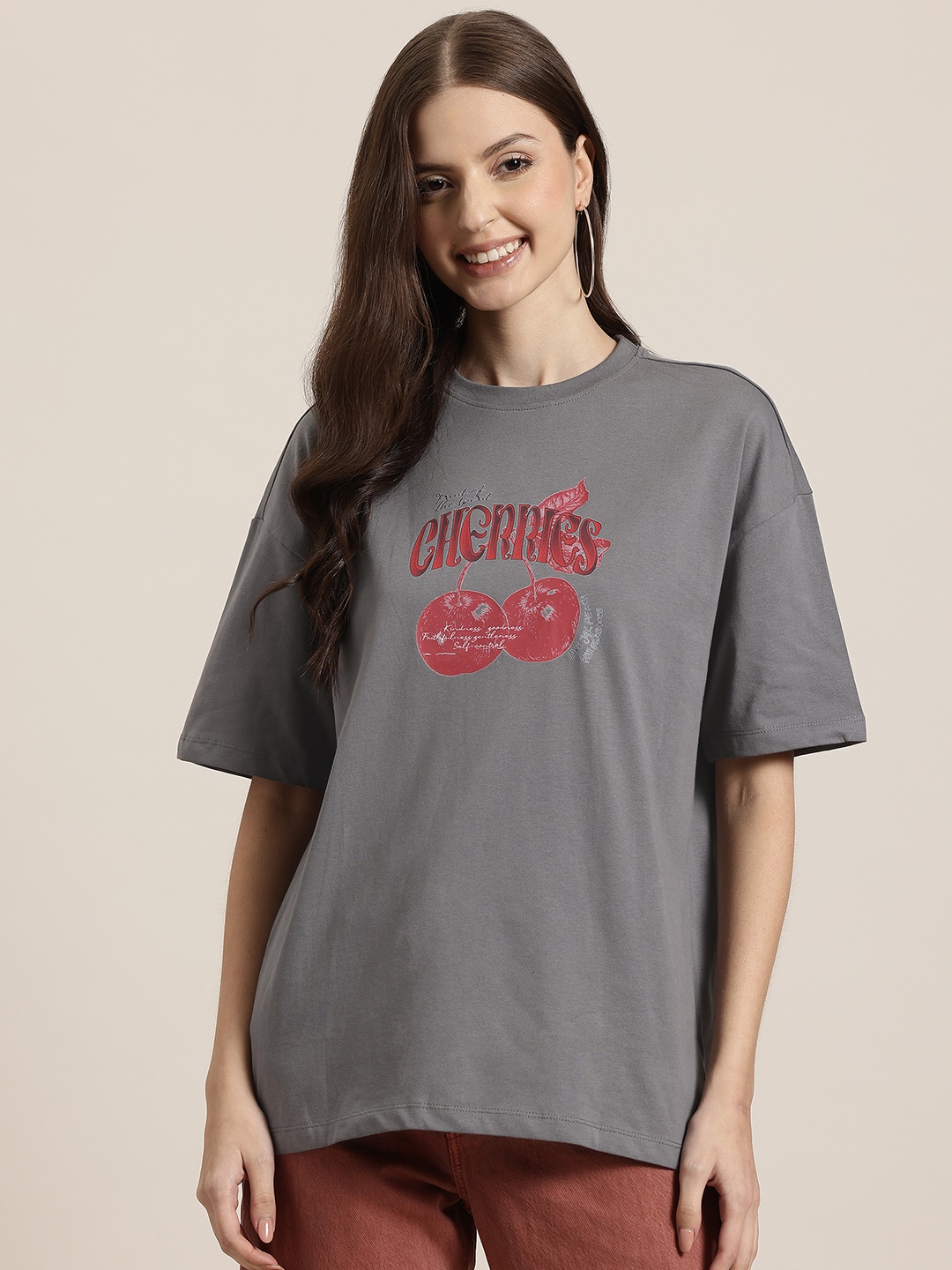 

HERE&NOW Fruit Frollic Cotton Typography Printed Oversized T-shirt, Grey