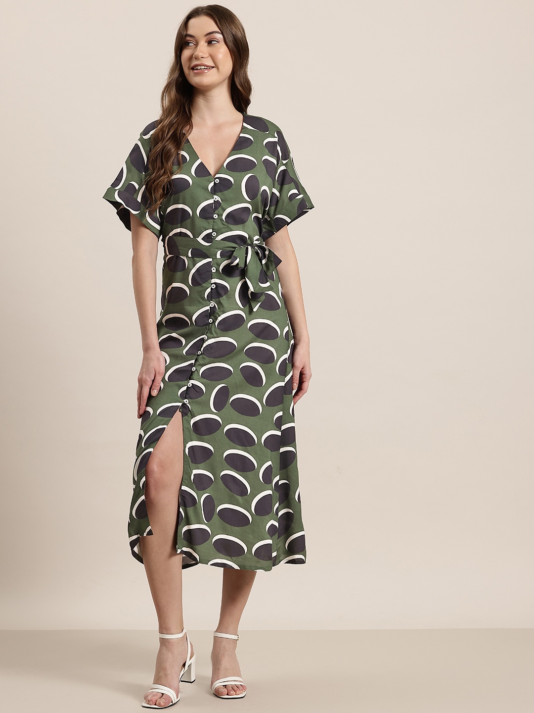 

HERE&NOW Print Shirt Midi Dress with Belt, Olive