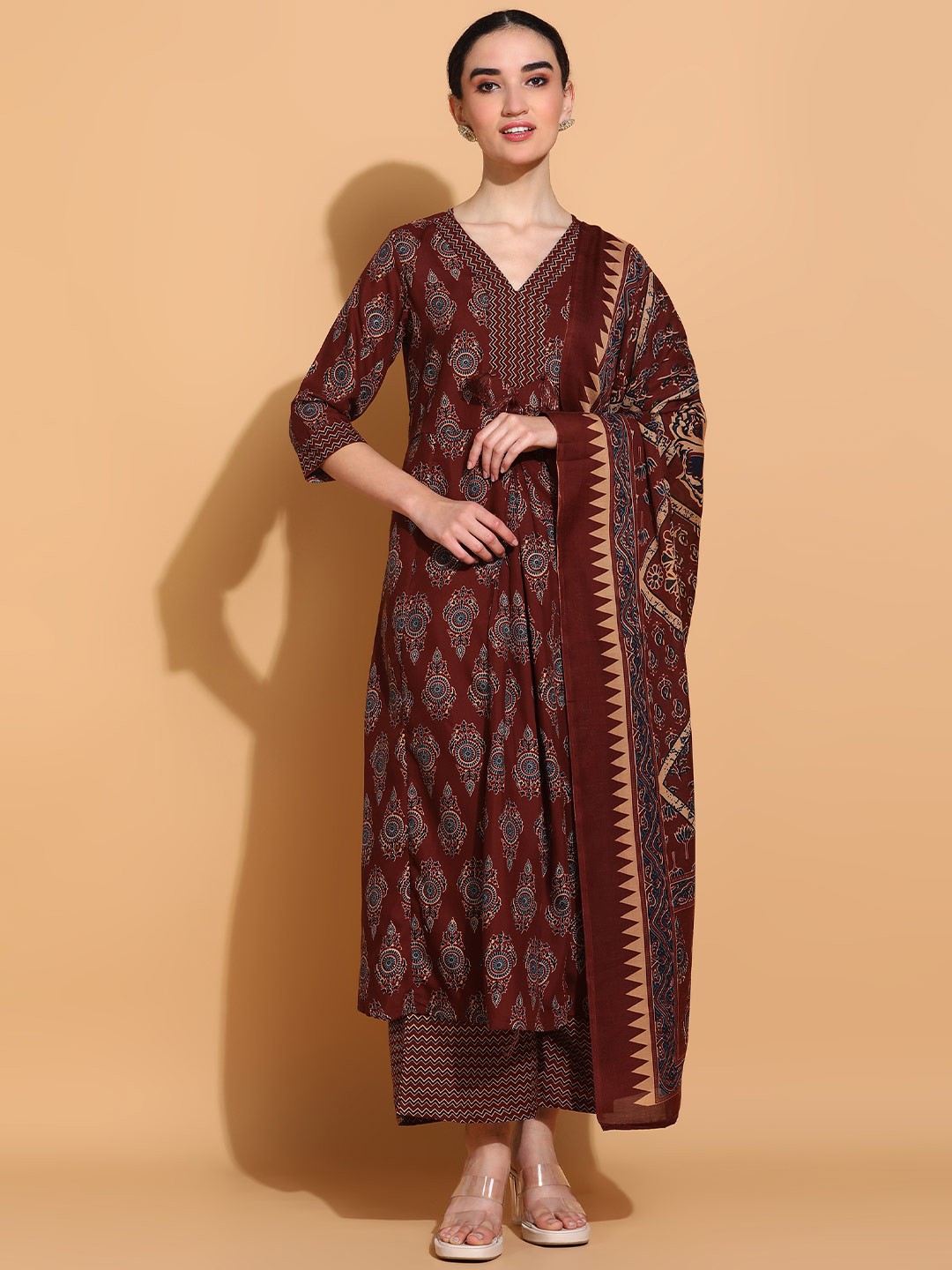 

KALINI Ethnic Motifs Printed Empire A-Line Kurta with Palazzo & Dupatta, Rust
