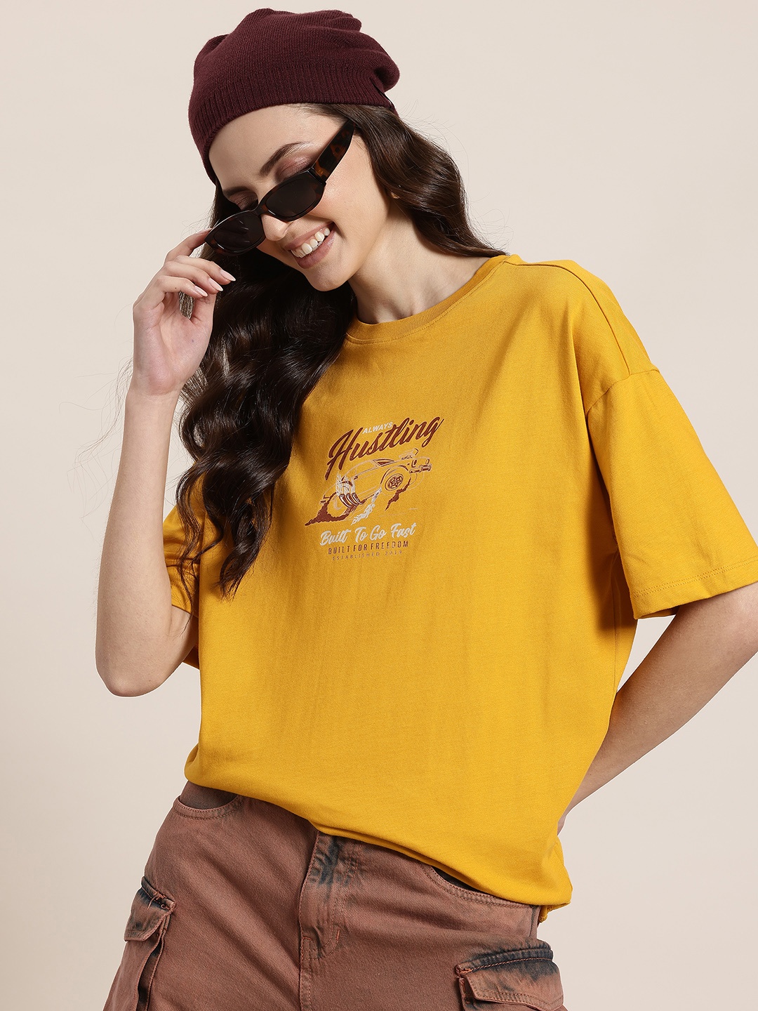 

HERE&NOW Grand Prix Pure Cotton Typography Printed T-shirt, Mustard